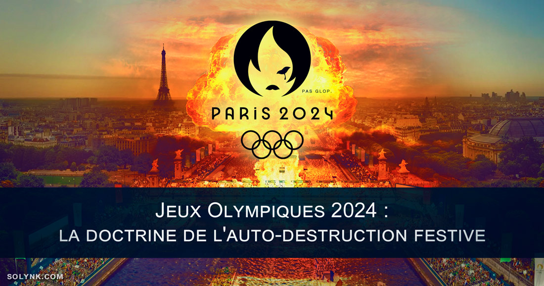 Jeux Olympiques 2024 : la doctrine de l'auto-destruction festive. Détournement logo JO 2024 flamme qui pleure